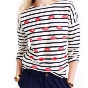 J. Crew Embroidered‎ Kiss Striped Long Sleeve T-Shirt Women Size Medium